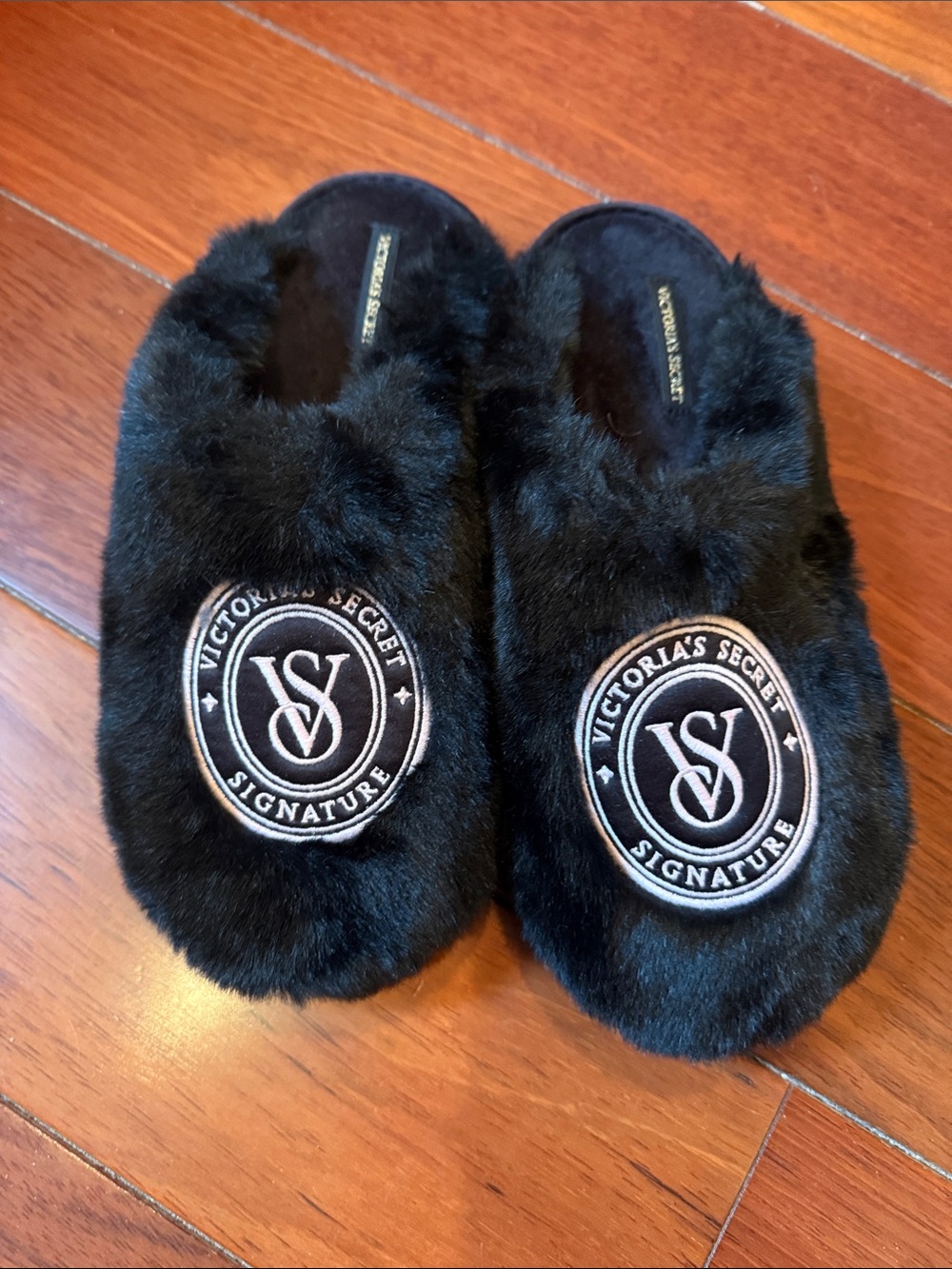 Victoria's Secret Black Faux Fur Slide Slippers with Signature Patch